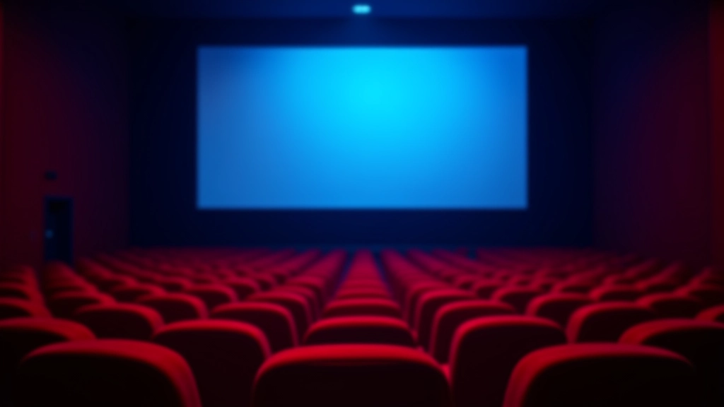 Sala de cinema com assentos vermelhos estofados, tela grande ao fundo, iluminação ambiente azulada, perspectiva desde fila de trás