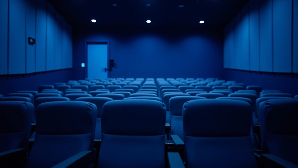 Interior moderno de sala de cinema com assentos estofados, tela grande ao fundo, iluminação ambiente azul aconchegante, perspectiva da plateia