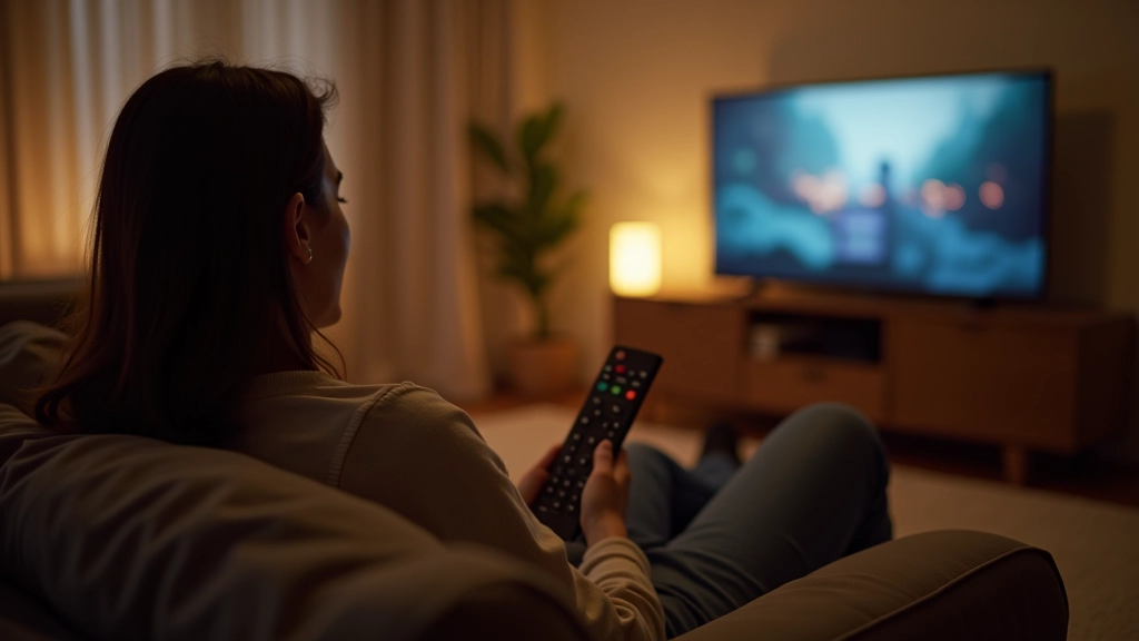 Pessoa relaxada no sofá com controle remoto, TV ligada mostrando série, iluminação morna ambiente, espaço confortável aconchegante